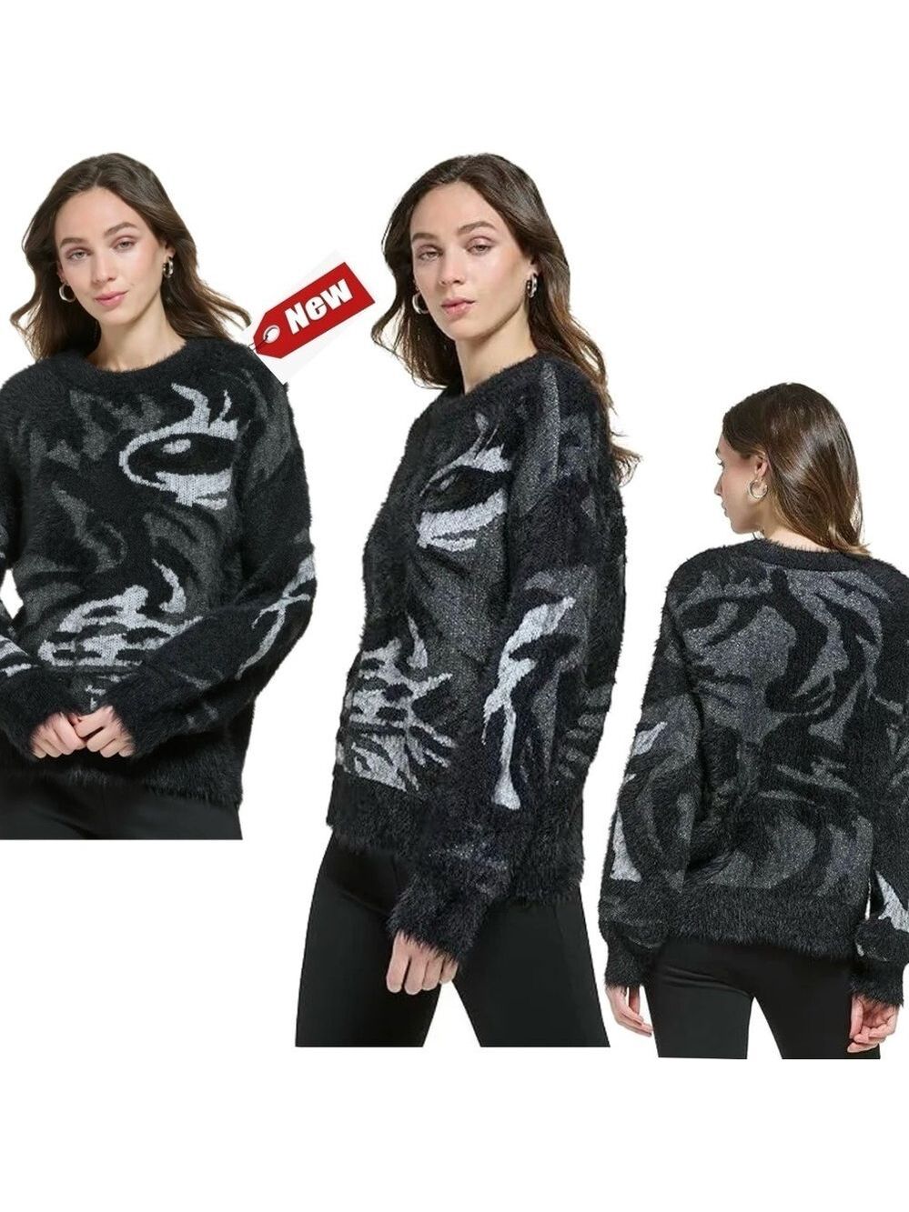 DKNY Long Sleeve sequin Tiger Eye warm Sweater Sz M NWT black gray